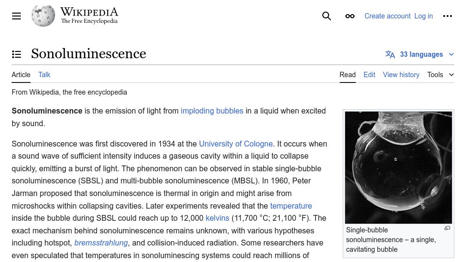 Screenshot of en.wikipedia.org: Sonoluminescence