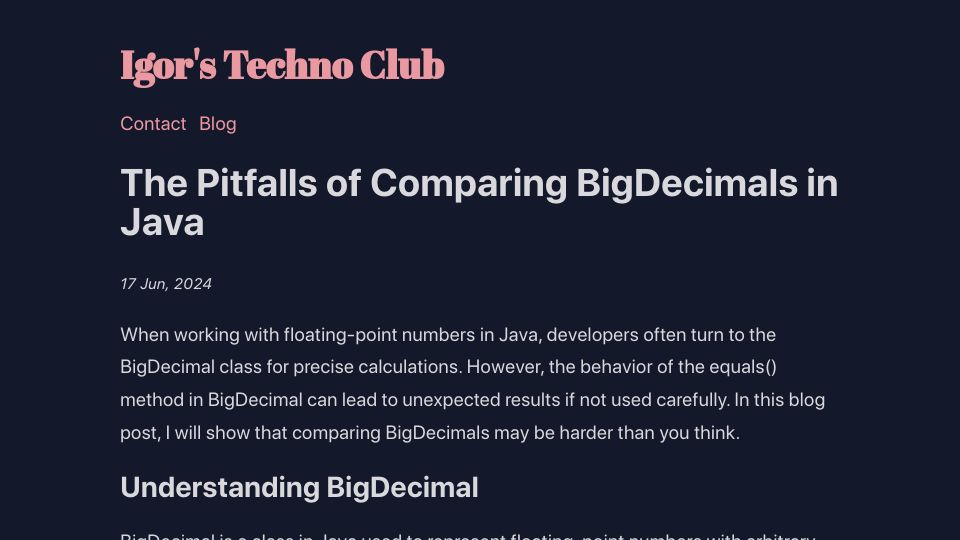 Screenshot of igorstechnoclub.com: Pitfalls of comparing BigDecimals in Java