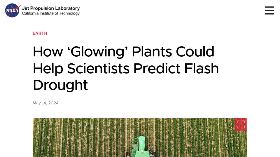 Screenshot of jpl.nasa.gov: 'Glowing' plants could help scientists predict flash drought