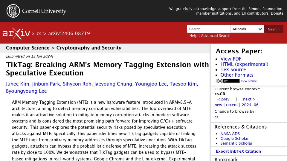 Screenshot of arxiv.org: TikTag: Breaking ARM's memory tagging extension with speculative execution
