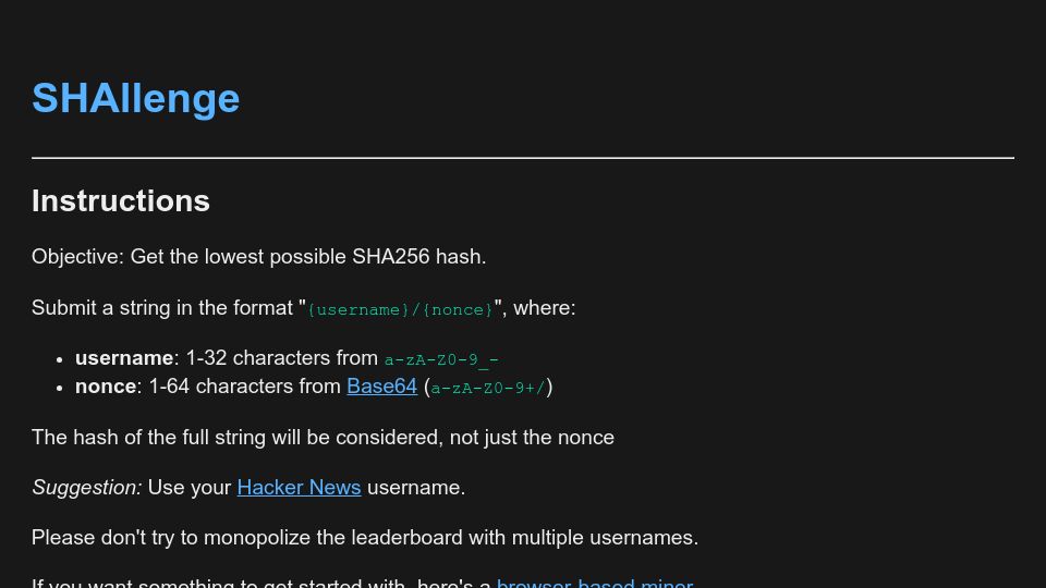 Screenshot of shallenge.quirino.net: Show HN: SHAllenge – Compete to get the lowest hash