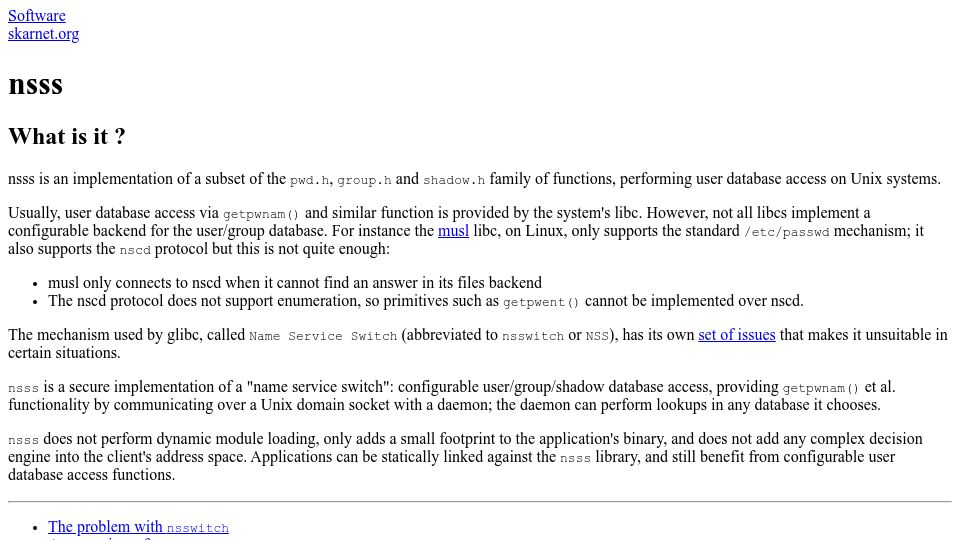 Screenshot of skarnet.org: Nsss: A secure NSS-like implementation for static linking