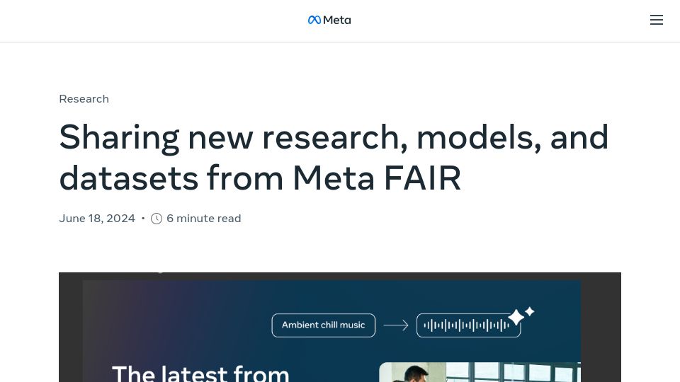 Screenshot of ai.meta.com: Sharing new research, models, and datasets from Meta FAIR