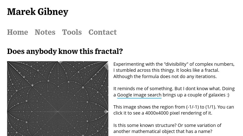Screenshot of gibney.org: Does anybody know this fractal? (2012)