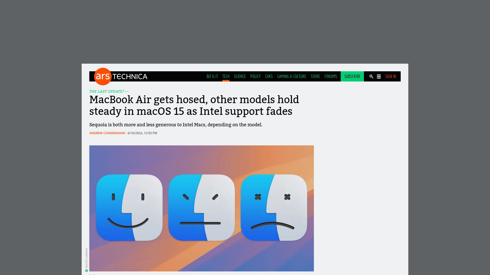 Screenshot of arstechnica.com: Sequoia is both more and less generous to Intel Macs, depending on the model