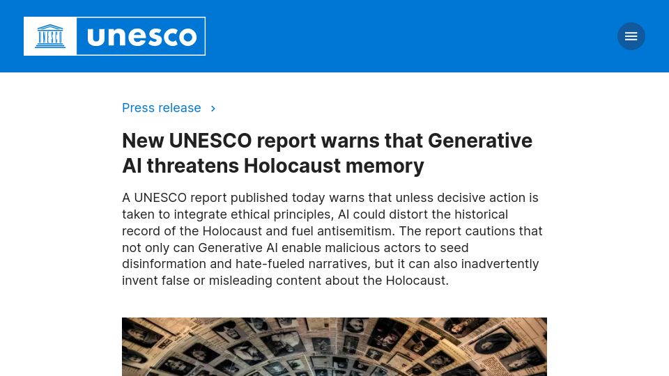 Screenshot of unesco.org: New UNESCO report warns that Generative AI threatens Holocaust memory