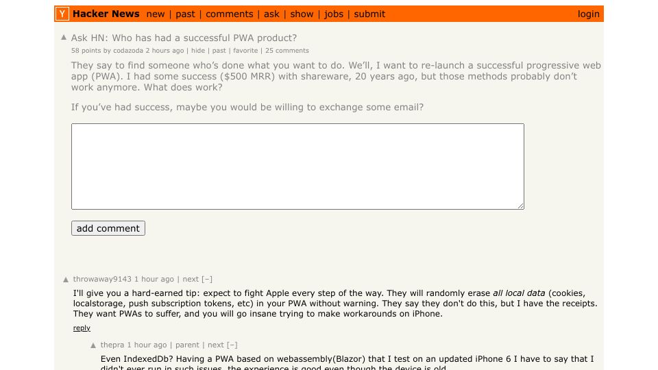 Screenshot of Hacker News post: Ask HN: Who has had a successful PWA product?