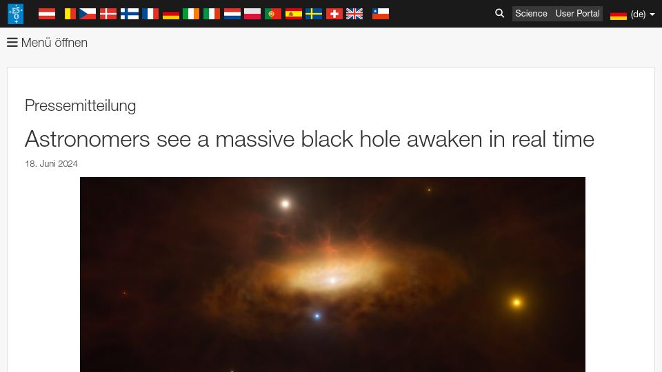 Screenshot of eso.org: Astronomers see a black hole awaken in real time