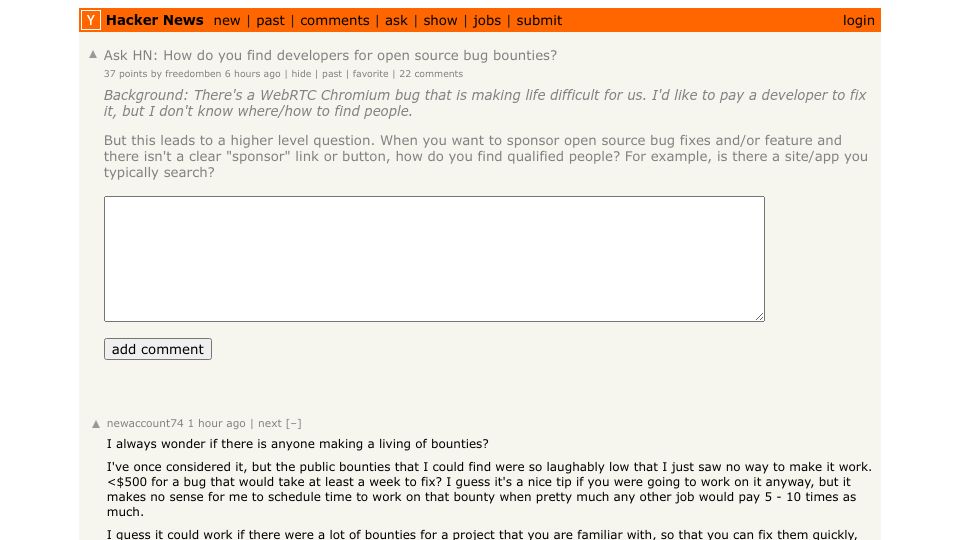 Screenshot of Hacker News post: Ask HN: How do you find developers for open source bug bounties?