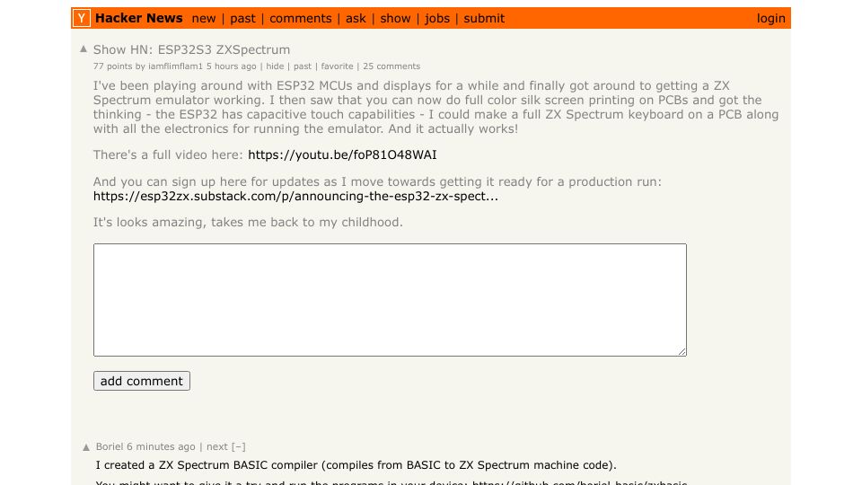 Screenshot of Hacker News post: Show HN: ESP32S3 ZXSpectrum