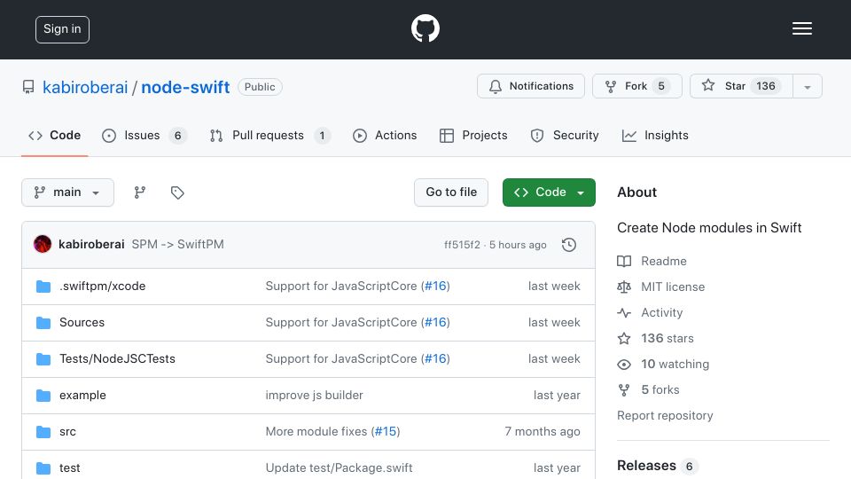 Screenshot of github.com: NodeSwift: Bridge Node.js and Swift