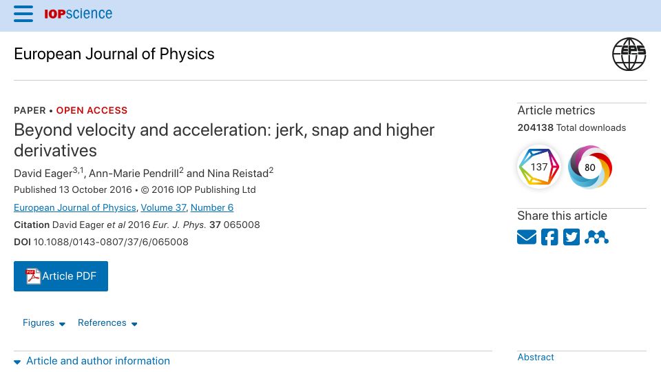 Screenshot of iopscience.iop.org: Beyond velocity and acceleration: jerk, snap and higher derivatives (2016)