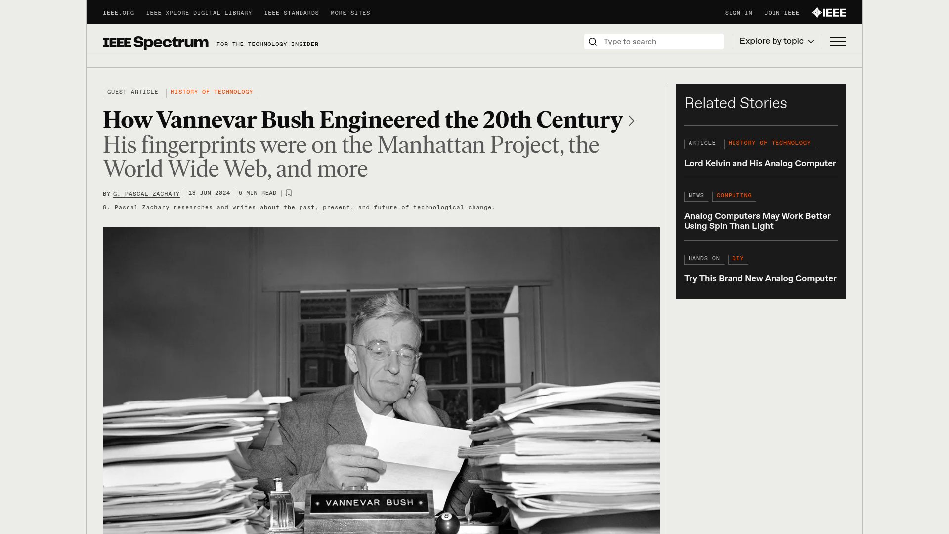 Screenshot of spectrum.ieee.org: Vannevar Bush Engineered the 20th Century