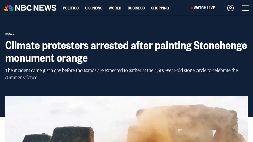 Screenshot of nbcnews.com: Stonehenge Damaged by Protesters