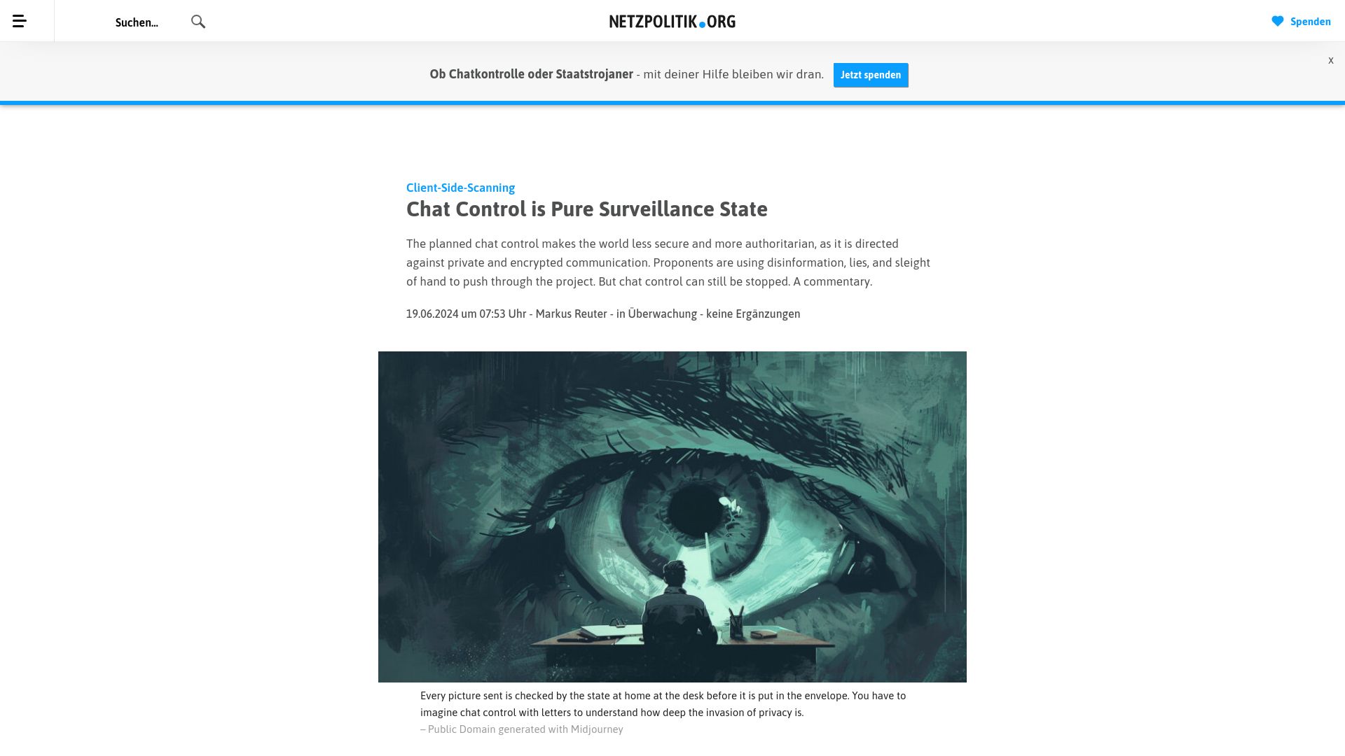 Screenshot of netzpolitik.org: Client-Side-Scanning: Chat Control Is Pure Surveillance State