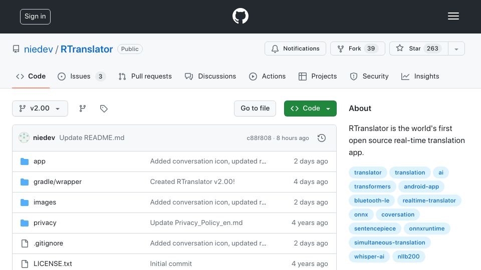 Screenshot of github.com: Show HN: I made an open source and local translation app