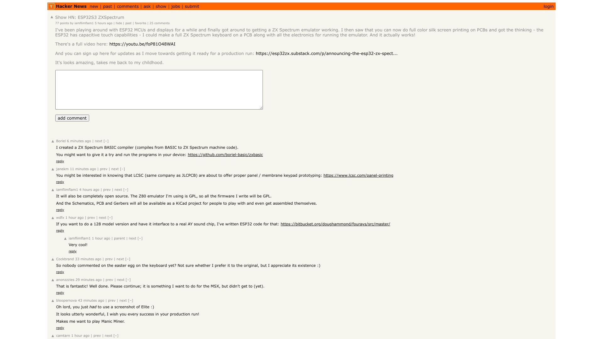 Screenshot of this Hacker News post: Show HN: ESP32S3 ZXSpectrum