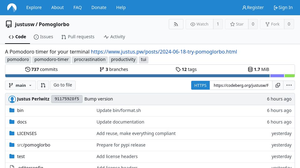 Screenshot of codeberg.org: Show HN: Pomoglorbo, a TUI Pomodoro timer for your terminal