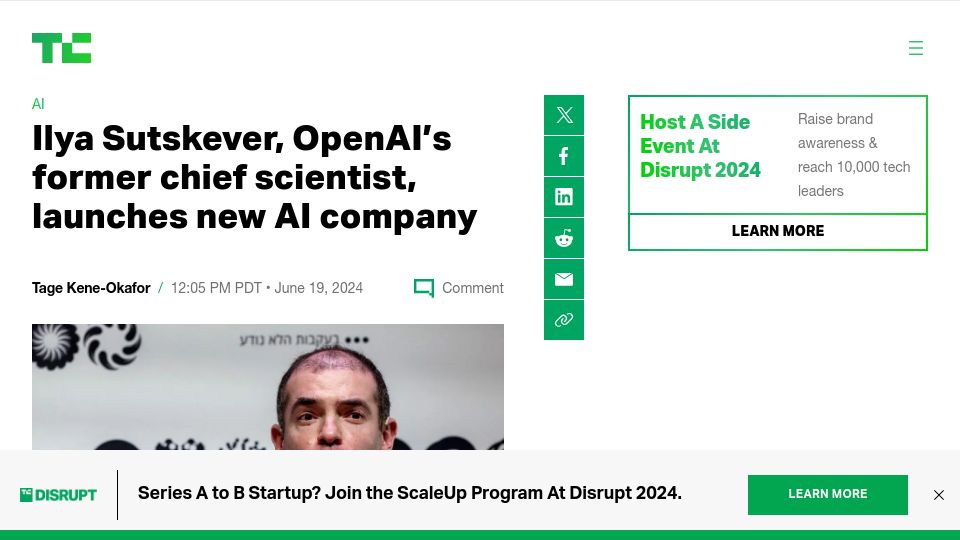 Screenshot of techcrunch.com: Ilya Sutskever launches new AI company