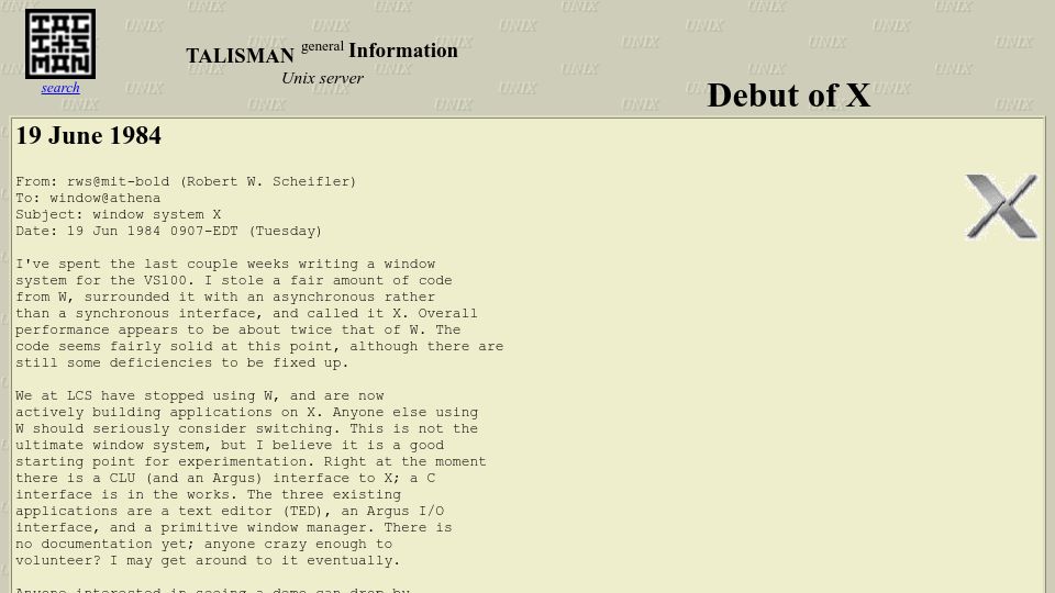 Screenshot of talisman.org: X debut 40 years ago (1984)