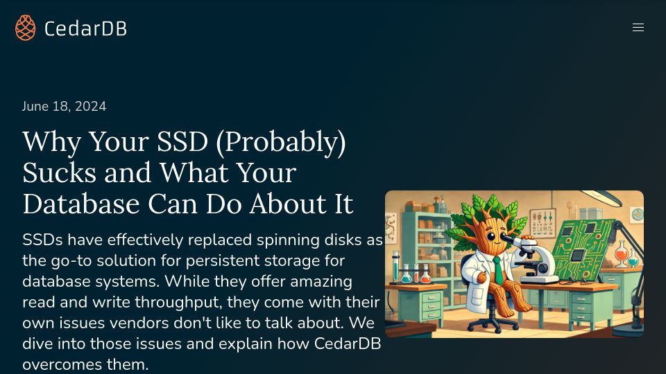 Screenshot of cedardb.com: When are SSDs slow?