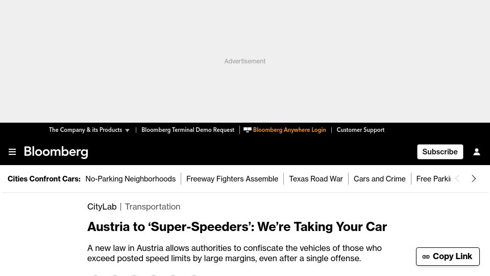 Screenshot of bloomberg.com: Austria to 'Super-Speeders': We're Taking Your Car