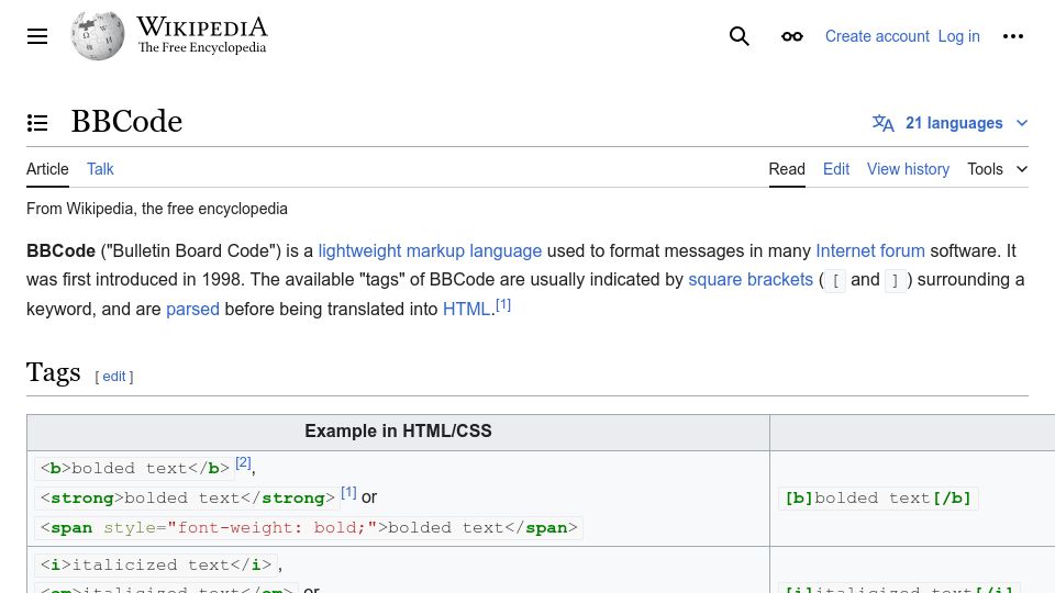 Screenshot of en.wikipedia.org: BBCode