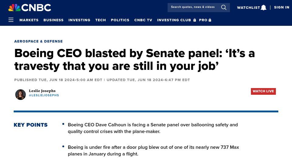 Screenshot of cnbc.com: Boeing CEO blasted by Senate: 'It's a travesty that you are still in your job'