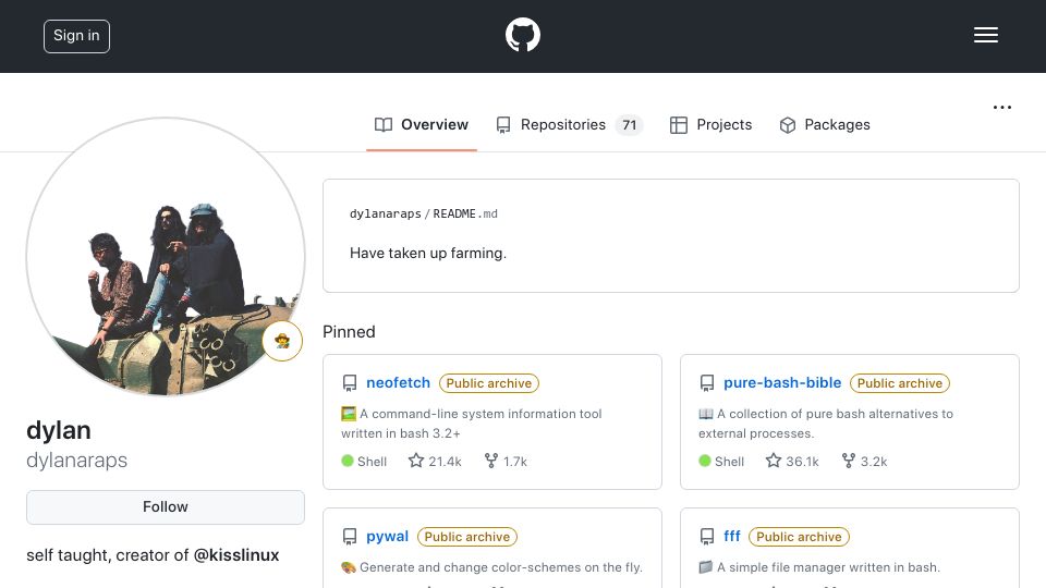 Screenshot of github.com: Neofetch developer archives all his repositories: "Have taken up farming"