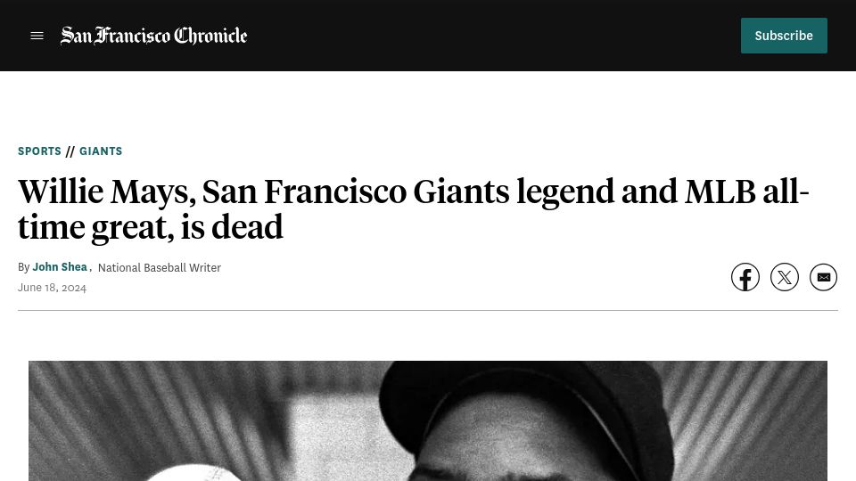 Screenshot of sfchronicle.com: Willie Mays, SF Giants baseball player, has died