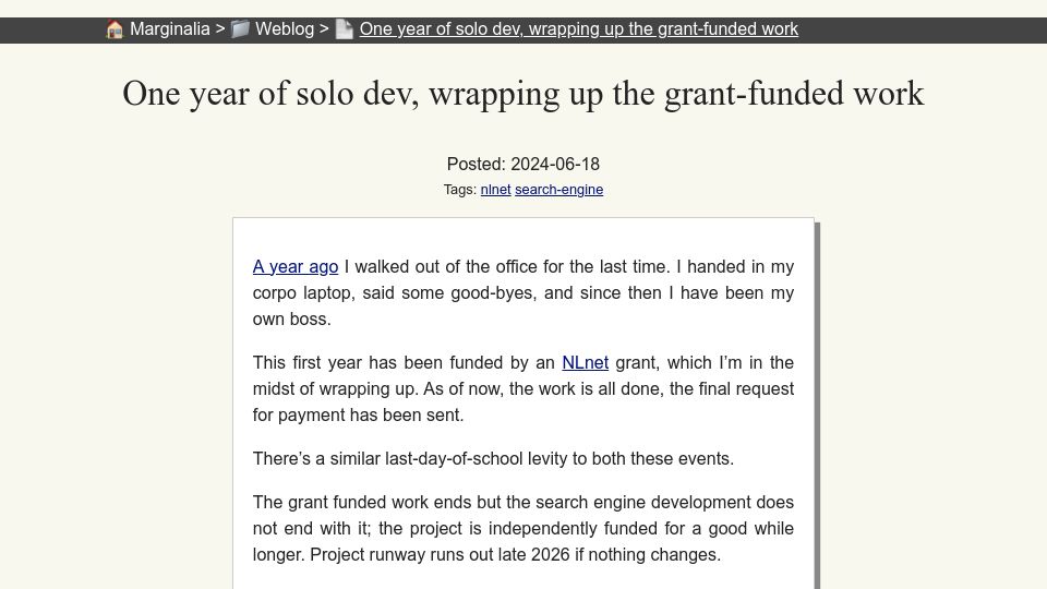 Screenshot of marginalia.nu: One year of solo dev, wrapping up the grant-funded work