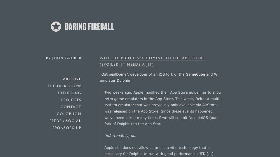 Screenshot of daringfireball.net: Why Dolphin Isn't Coming to the App Store (Spoiler: It Needs a JIT)