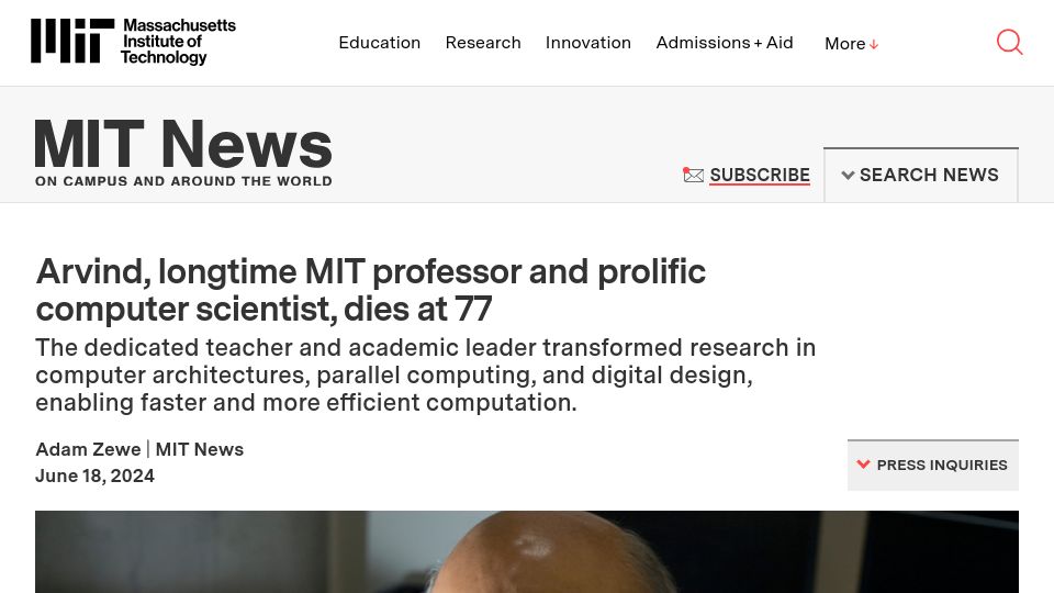 Screenshot of news.mit.edu: Arvind has died
