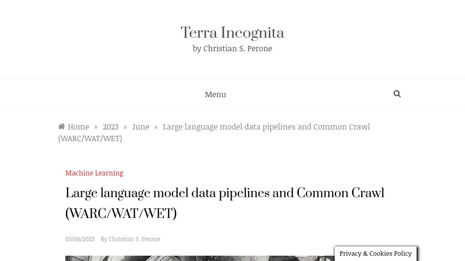 Screenshot of blog.christianperone.com: Large language model data pipelines and Common Crawl