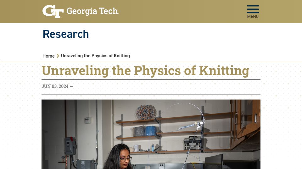 Screenshot of research.gatech.edu: Unraveling the physics of knitting