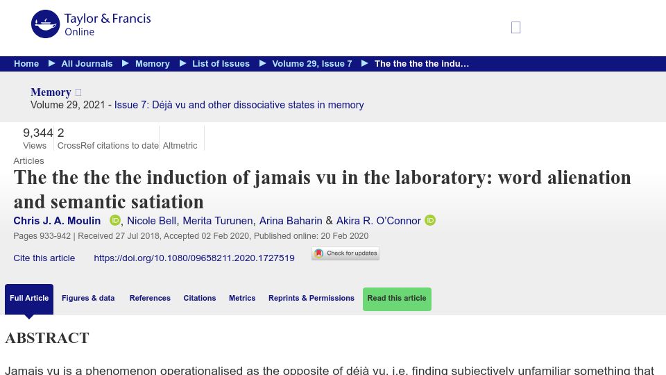 Screenshot of tandfonline.com: The the the the induction of jamais vu: word alienation and semantic satiation