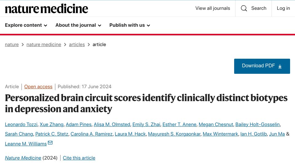 Screenshot of nature.com: Brain circuit scores identify clinically distinct biotypes in depression/anxiety