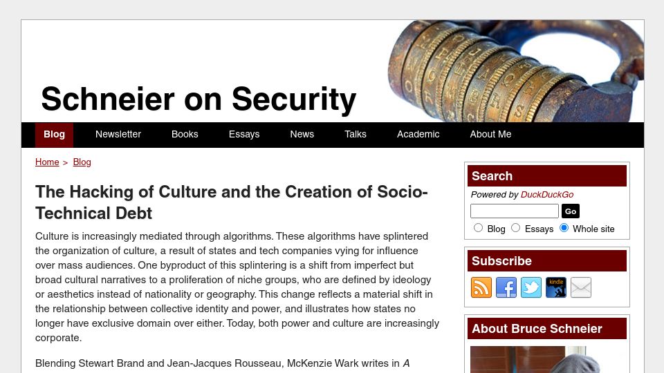 Screenshot of schneier.com: The hacking of culture and the creation of socio-technical debt