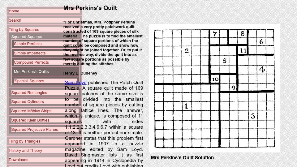 Screenshot of squaring.net: Mrs Perkins's Quilt (2017)