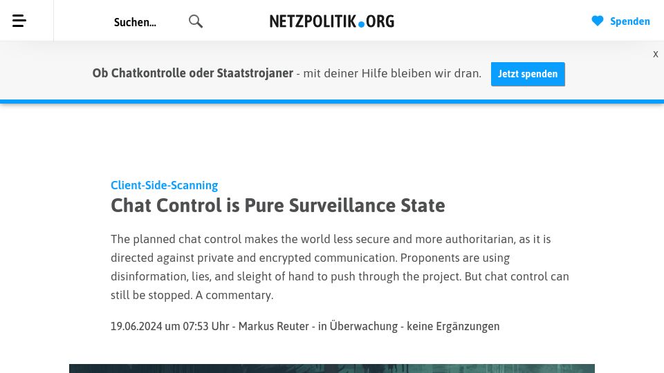 Screenshot of netzpolitik.org: Client-Side-Scanning: Chat Control Is Pure Surveillance State