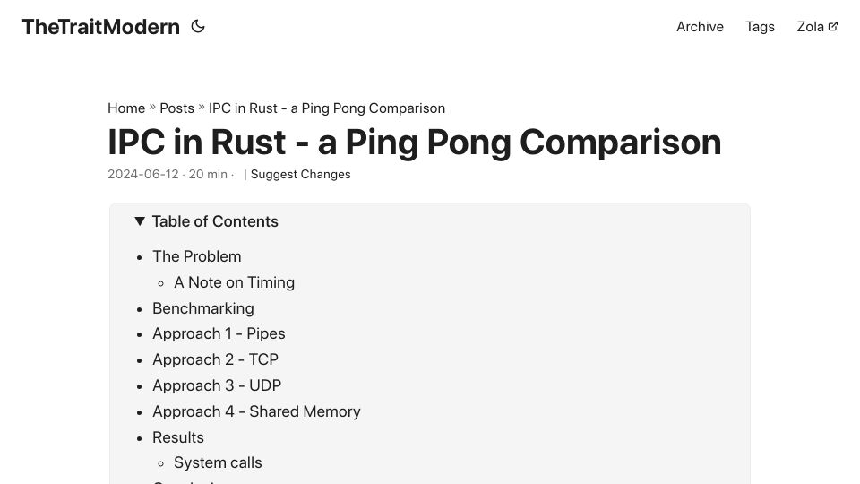 Screenshot of 3tilley.github.io: IPC in Rust – A Ping Pong Comparison