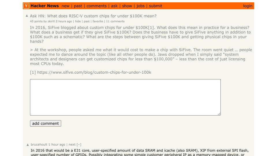 Screenshot of Hacker News post: Ask HN: What does RISC-V custom chips for under $100K mean?