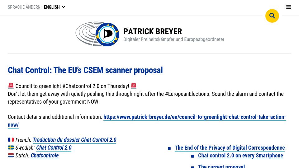 Screenshot of patrick-breyer.de: EU Council to Vote on Chat Scanning Proposal on Thursday
