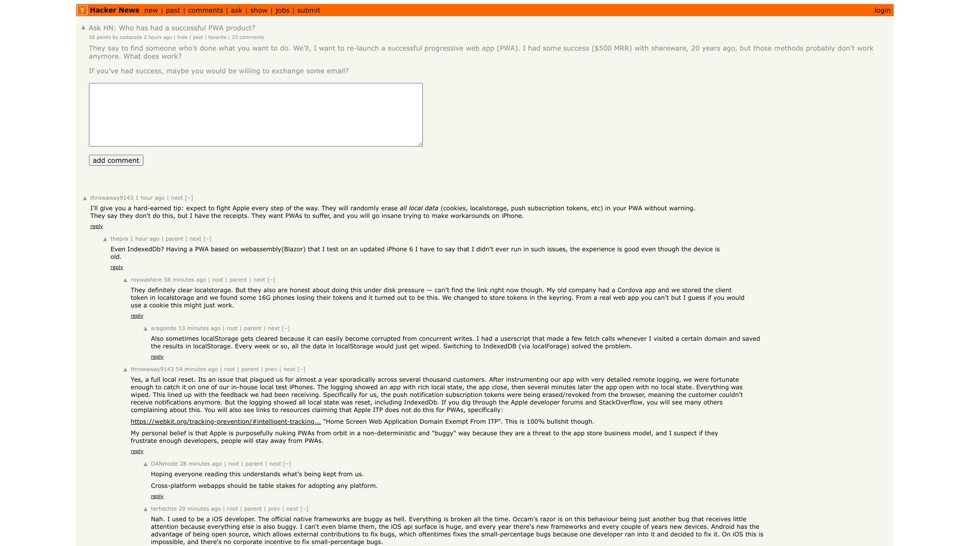 Screenshot of this Hacker News post: Ask HN: Who has had a successful PWA product?