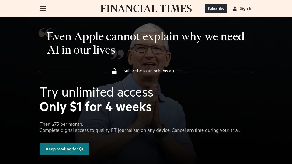 Screenshot of ft.com: Even Apple cannot explain why we need AI in our lives
