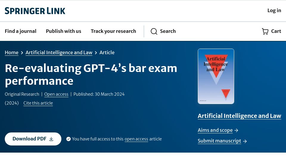 Screenshot of link.springer.com: Re-Evaluating GPT-4's Bar Exam Performance