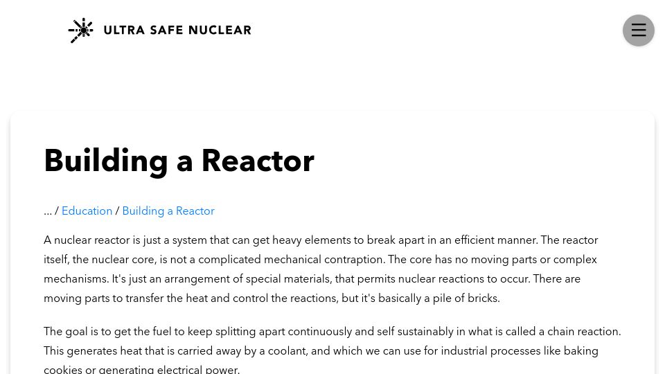 Screenshot of usnc.com: Building a Reactor