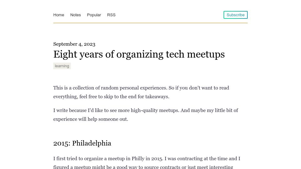 Screenshot of notes.eatonphil.com: Eight years of organizing tech meetups (2023)