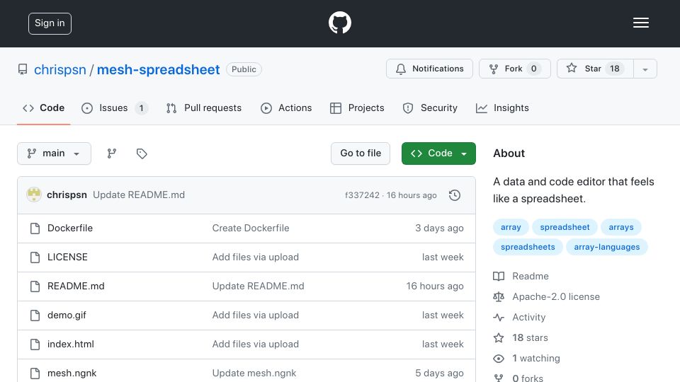 Screenshot of github.com: Mesh Spreadsheet: A data and code editor that feels like a spreadsheet