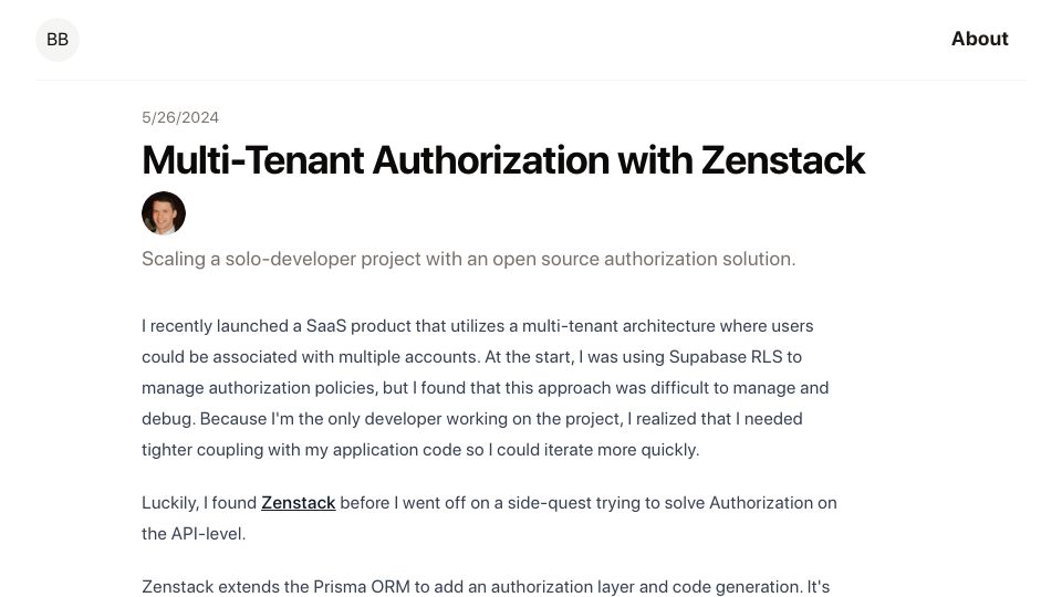 Screenshot of bbozzay.com: Multi-Tenant Authorization with Zenstack